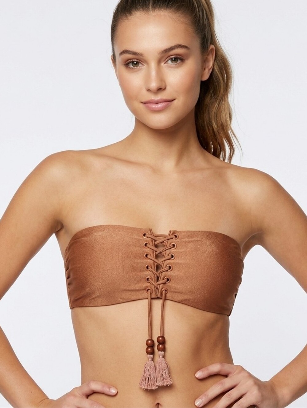 Chelsea & Violet Tie Front Bandeau Bikini Top In Bronze Size Small